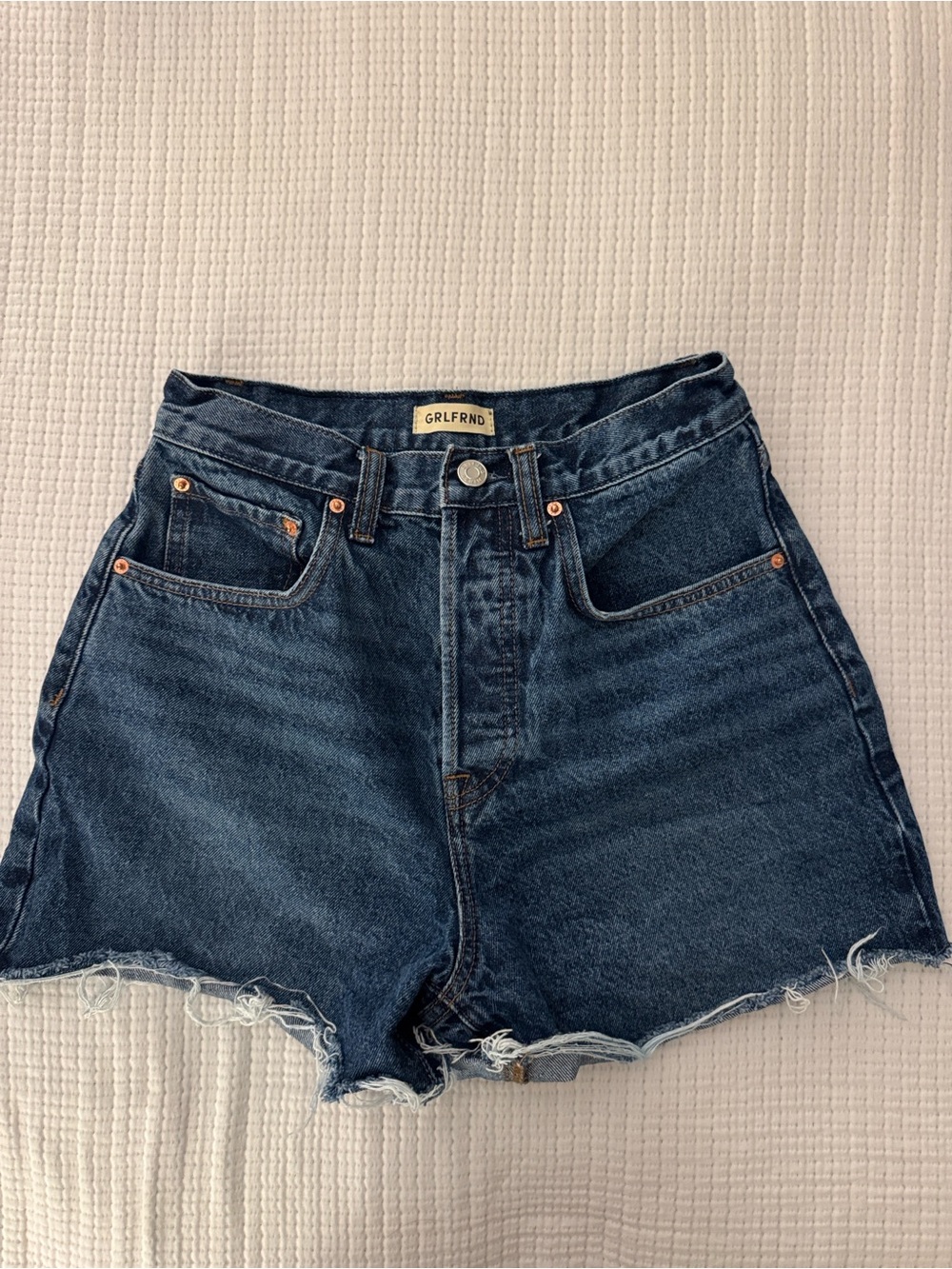 GRLFRND Dark Blue High-Rise Raw Hem Denim Shorts